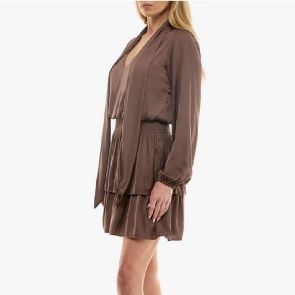 Size S Gentle Fawn Brown Long Sleeved Flowy Tiered Mini Party Dress
